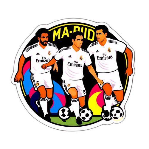Retro-tyylinen Real Madrid -tarra, jossa kuuluisat pelaajat