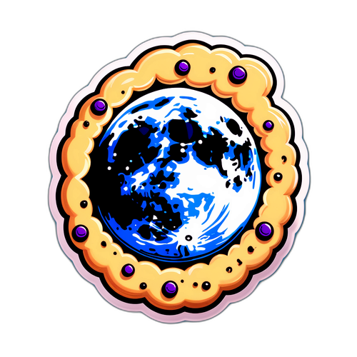 Σκίτσο ενός φεγγαριού που μοιάζει με μπισκότο σε έναν κόσμο γεμάτο γλυκά