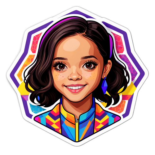 Modern ábrázolás Jenna Ortega-ról hexagonális mintákkal és élénk színekkel