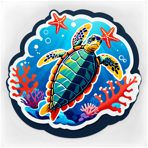 海洋主題貼紙：海龜、海星與珊瑚