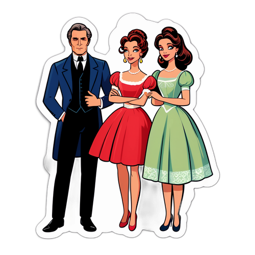 Desenho de uma cena de novela com três personagens de 'As Três Graças'