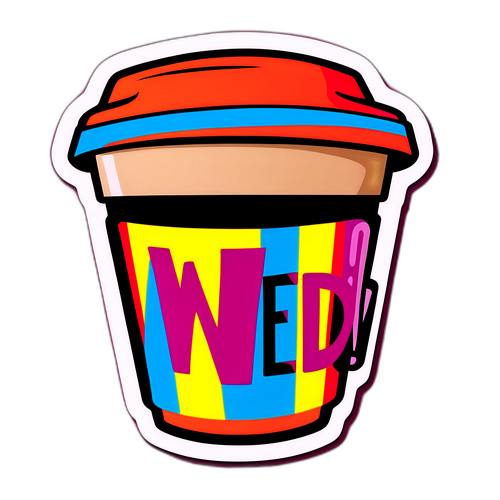 Autocollant style pop art avec une tasse de café et 'Wednesday'