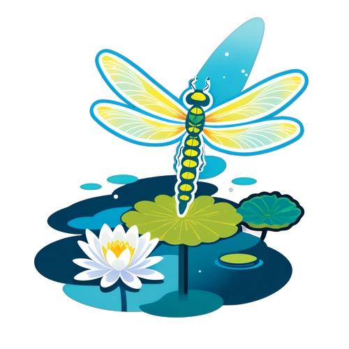Whimsical Dragonfly and Water Lily Sticker