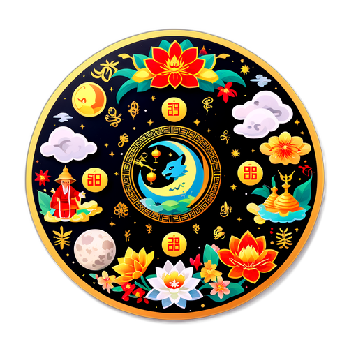 Nhãn dán lịch âm với biểu tượng các tháng và hình ảnh văn hóa truyền thống Việt Nam