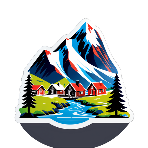 A detailed sticker design representing Folldal, with elements like mountains and traditional Norwegian cabins, expressing local charm.