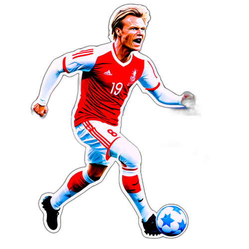 A klistremerke av Rasmus Løberg i aksjon på fotballbanen