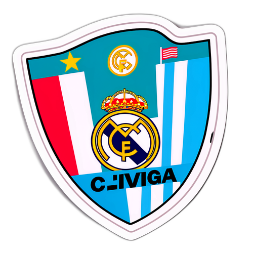 סטיקר צבעוני של מגרש כדורגל עם דגלים של ריאל מדריד וסלטה ויגו, המדגיש יריבות