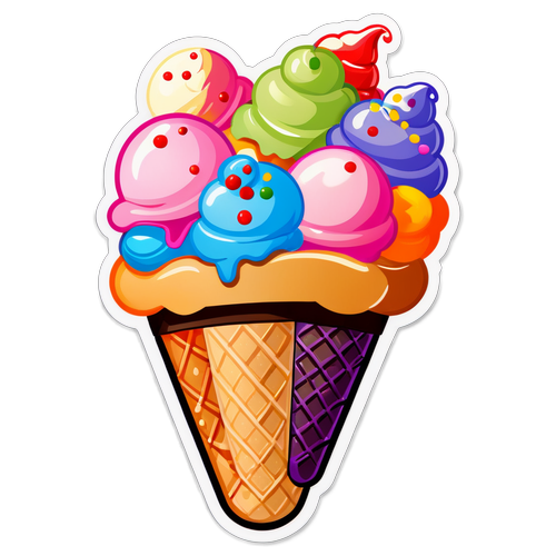 Colorful Ice Cream Cone with Multiple Scoops and Sprinkles