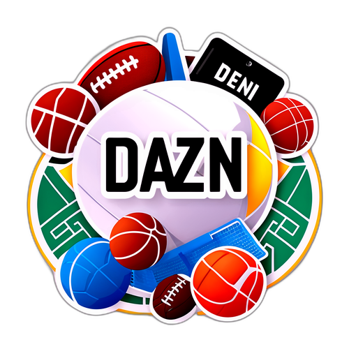 DAZN-logo valkoisella taustalla urheiluelementtien kanssa