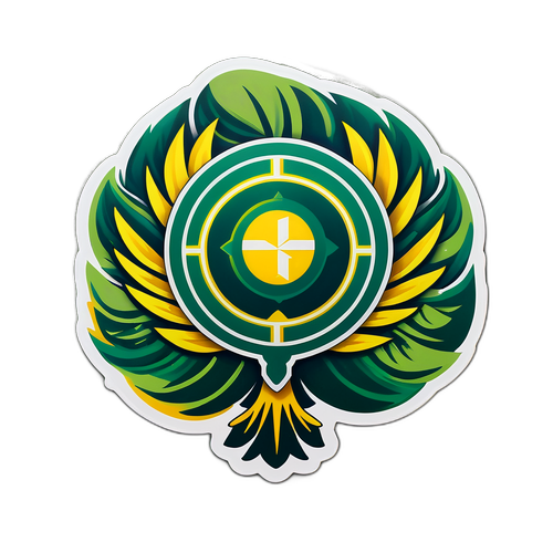 पैलेमेइरस लोगो के चारों ओर हरे और सुनहरे पत्तों के साथ जीवंत स्टीकर