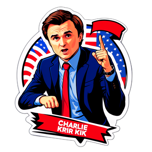 Štítek s Charliem Kirkem v akčním postoji