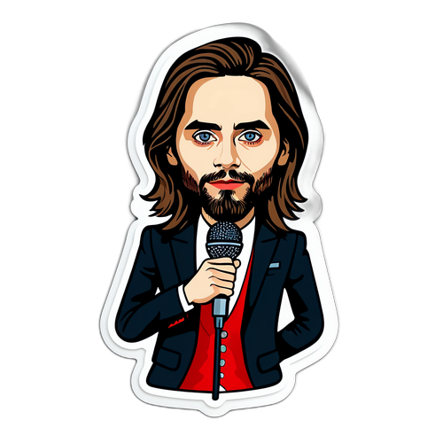 Stylizovaná postava Jareda Leta s mikrofonem na červeném koberci