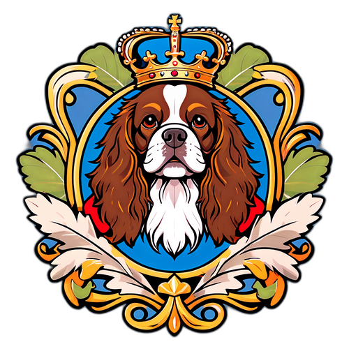 En kongelig emblem med en beagle omgitt av blader og krone