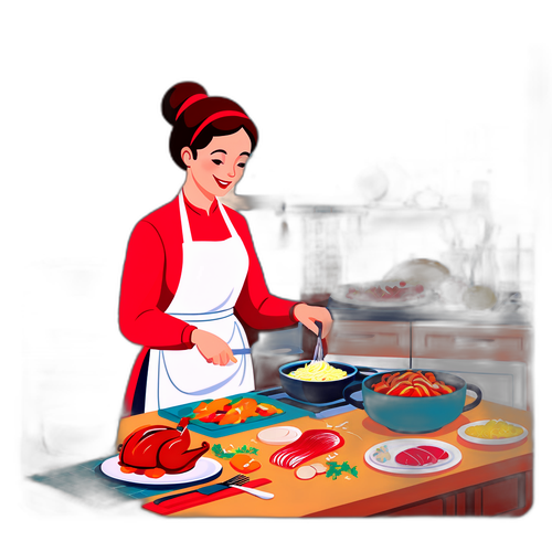 母亲在厨房准备丰盛的新年晚餐