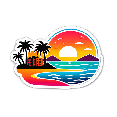 Sticker représentant un paysage urbain d'Argelès-sur-Mer au coucher du soleil