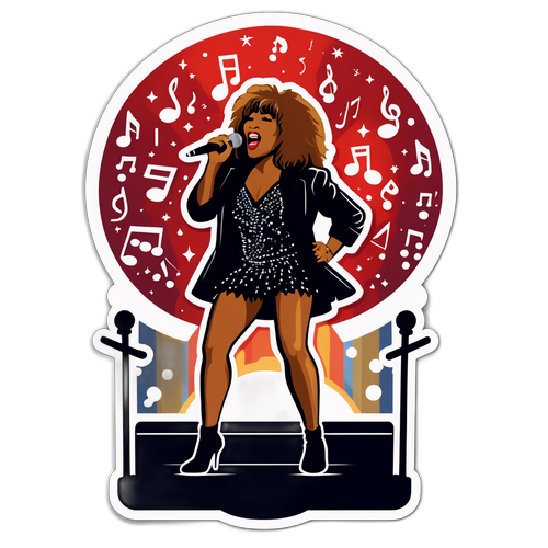 Et klistermærke med Tina Turner syngende på scenen