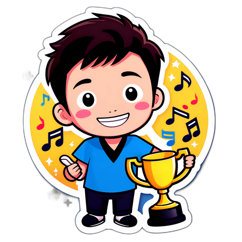 Isang cute na kartun na karakter ni Park Sung-hoon na may hawak na tropeo