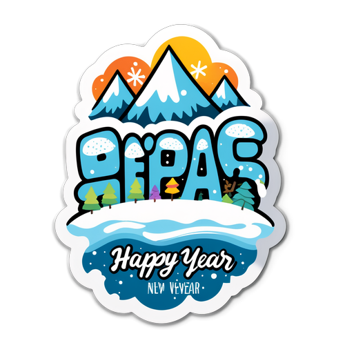 Un diseño alegre con un paisaje nevado y la frase 'Feliz Año Nuevo'