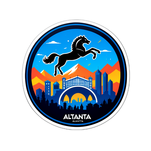 Design sticker cu logo-ul Atalanta și un fundal dinamic al peisajului din Bergamo