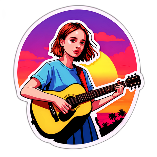 Sticker av Maya Hawke med gitarr och solnedgång