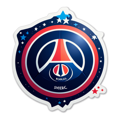 מדבקה המציגה את הלוגו של PSG עם כוכבים וגרפיקה צבעונית