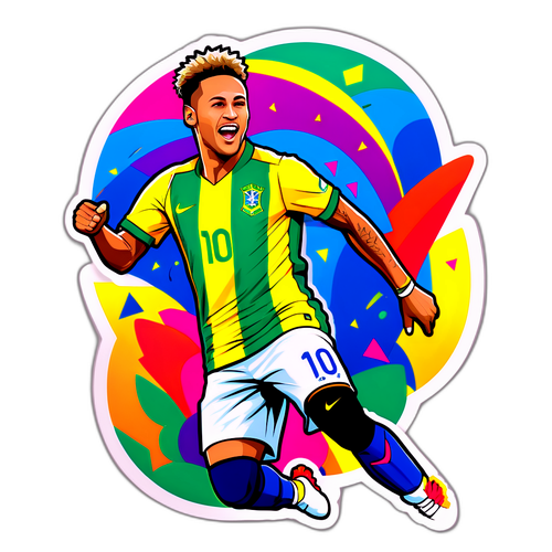 Neymar w akcji z kolorowym tłem nawiązującym do karnawału brazylijskiego