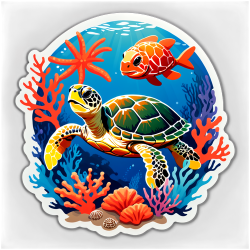 海洋主题海龟与海星和珊瑚贴纸