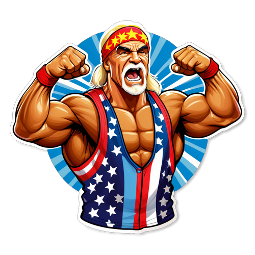 Hulk Hogan Flexer Musklene i Et Glitrende Amerikas Flag - Fabelagtig Klistermærke til Wrestling Fans!