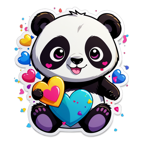 Adorable Cartoon Panda with Hearts and Confetti