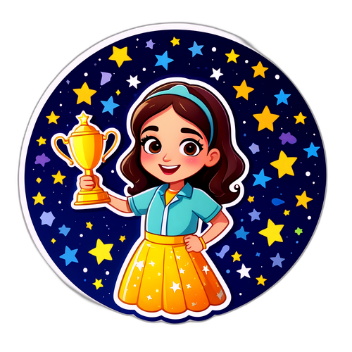 מדבקה משחקית של הילה חרוש עם גביע על רקע כוכבים