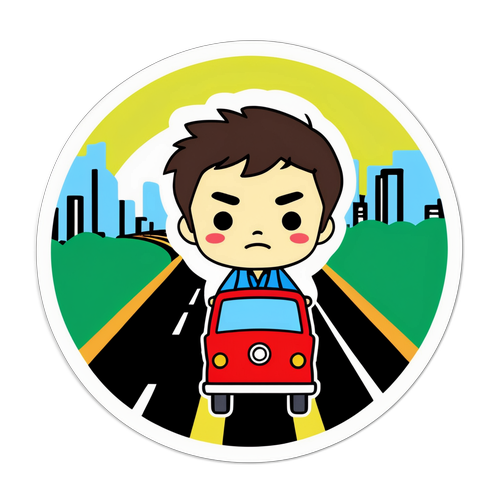 東京高速道路での交通渋滞を耐え忍ぶキャラクターのユーモラスなイラスト
