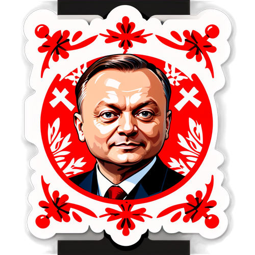 Stylizowany sticker Andrzeja Dudy w ramach polskich symboli