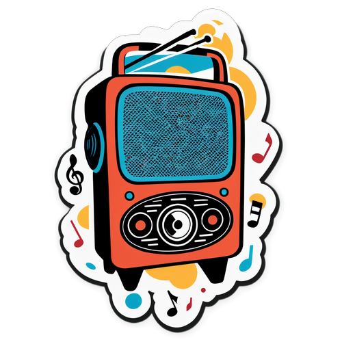 Sticker cu Radio ZU - Microfon Retro și Note Muzicale