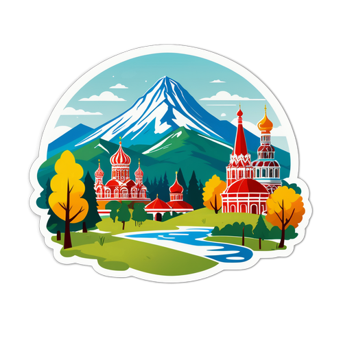 Горные пейзажи Рязани с природой и архитектурными памятниками в едином дизайне