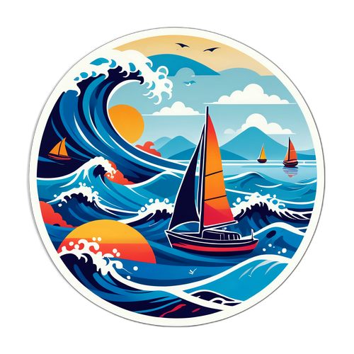 海洋波浪与帆船的贴纸