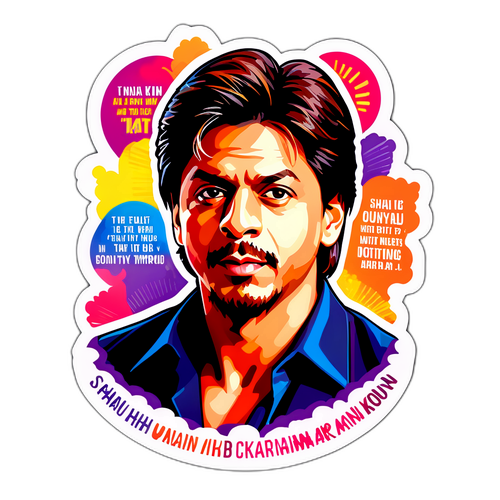 एक रंगीन स्टिकर जिसमें शाहरुख़ ख़ान के आइकोनिक उद्धरण और छवियाँ शामिल हैं