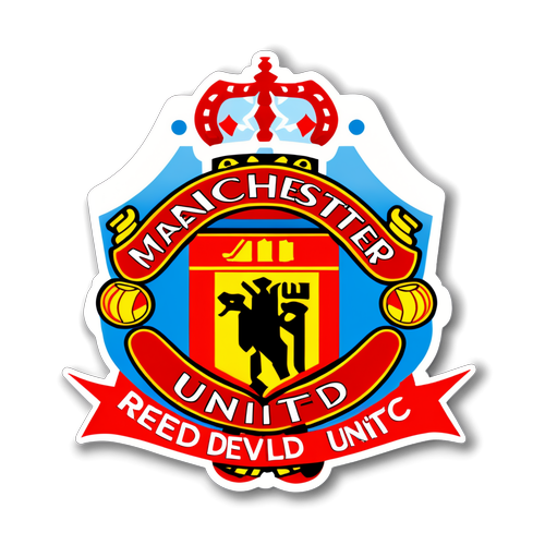 Thiết kế sticker logo Manchester United và hình ảnh Old Trafford với câu slogan 'Red Devils Unite!'