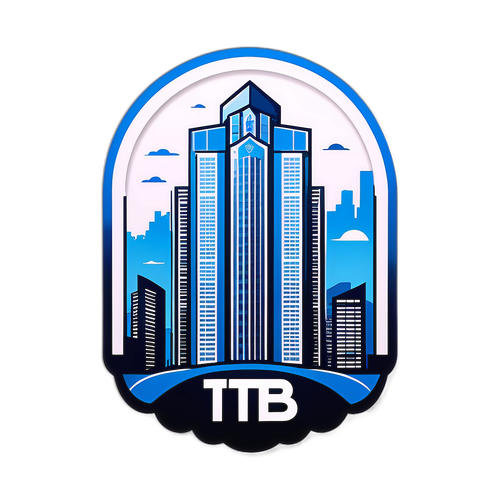 Стикер с логотипом ВТБ на фоне стилизованного небоскреба