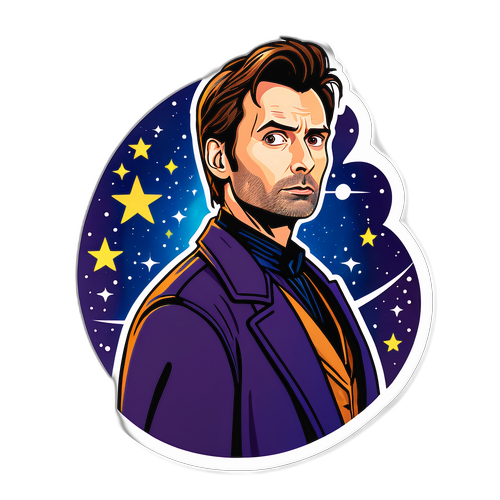David Tennant i karaktärskostym med galaktisk bakgrund