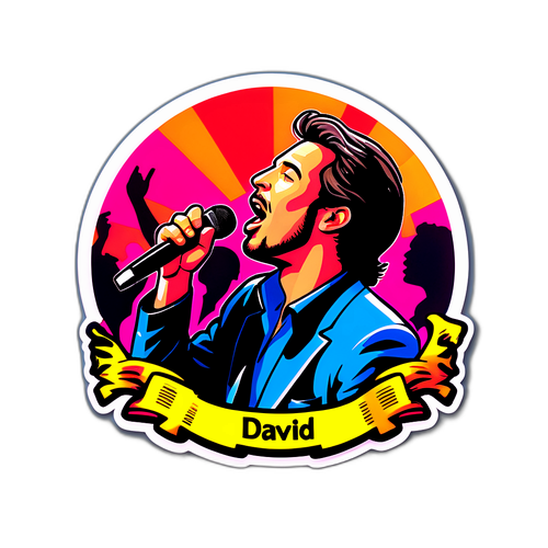 Sticker van David Polfliet met een podiumsetting en zingende mensen om hem heen