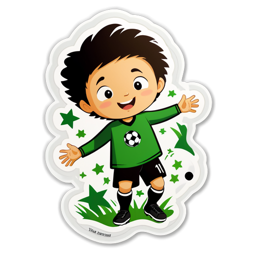 Sticker cu un copil jucând fotbal pe un câmp verde