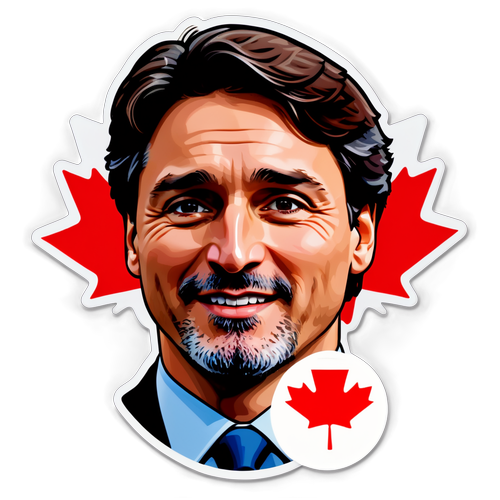 Autocolant cu fața lui Justin Trudeau și simboluri canadiene