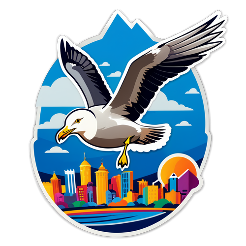 Stiker Burung Gaviota Brighton di Atas Skyline Berwarna