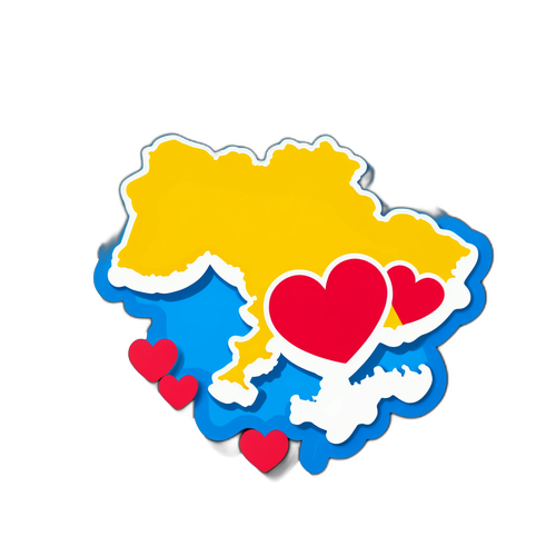 Стикер с изображением карты Украины, обрисованной сердцами, символизирующий поддержку и единство