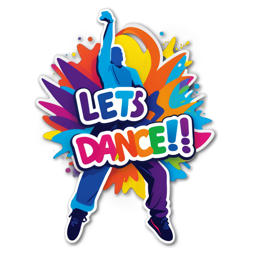 Eine dynamische Tanzfigur in verschiedenen Farben mit dem Text 'Let's Dance!'