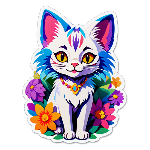 Adesivo Estilizado de Gato com Flores