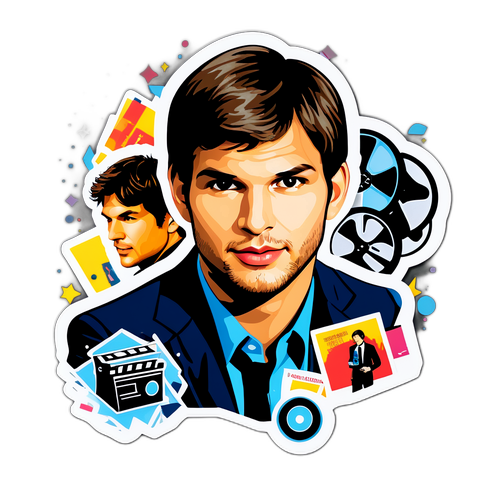 Artystyczny portret Ashtona Kutchera z dynamicznym tłem filmowym