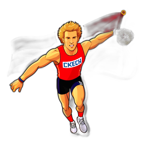 Olympijský atlet Jiri Valenta s zlatou medailí a českou vlajkou