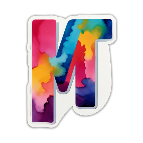 Sticker con 'M' sovradimensionata su sfondo astratto acquerello