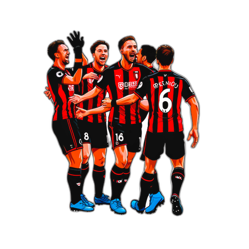 Een sticker van een spannend moment in de wedstrijd Bournemouth tegen Brentford, met doelpuntenvierders